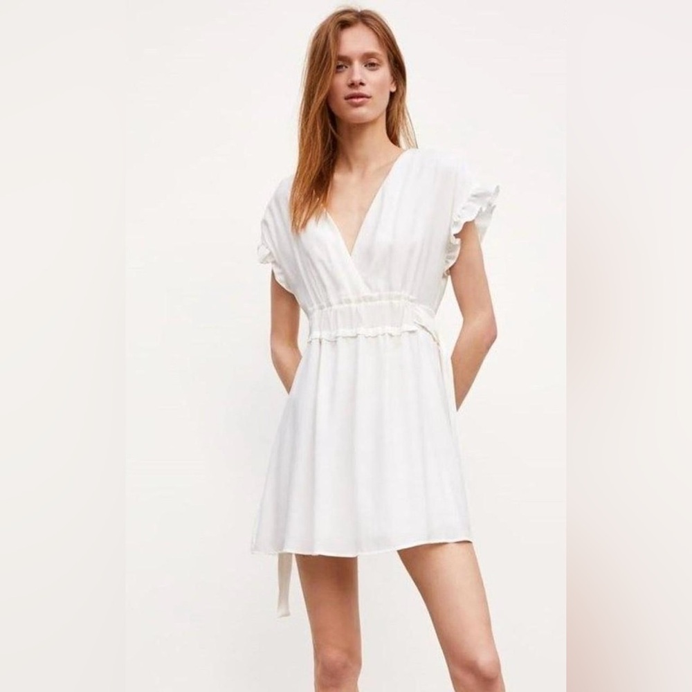Zara White Mini Side Tie Dress with Ruffle Sleeves